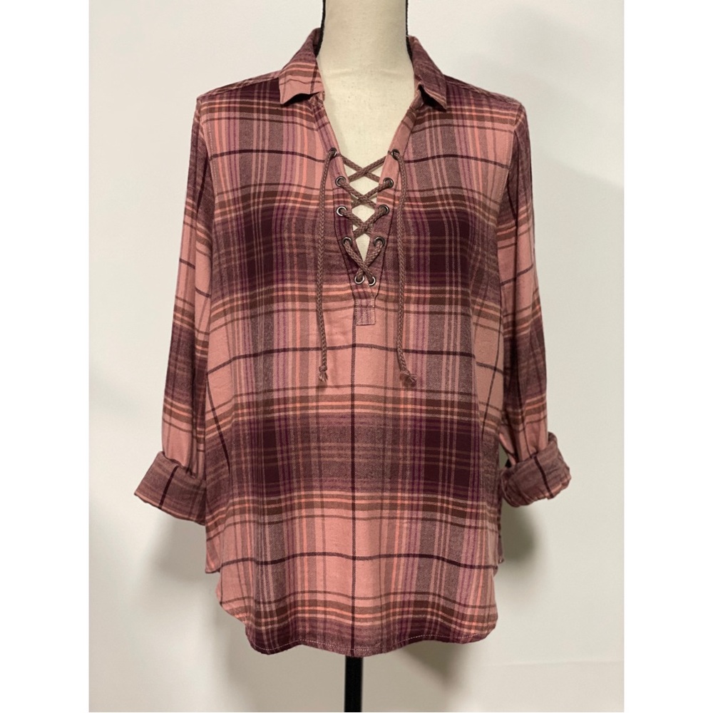 NWT Mudd Plaid Lace-Up Flannel Top Burgundy & Pink Juniors Size M